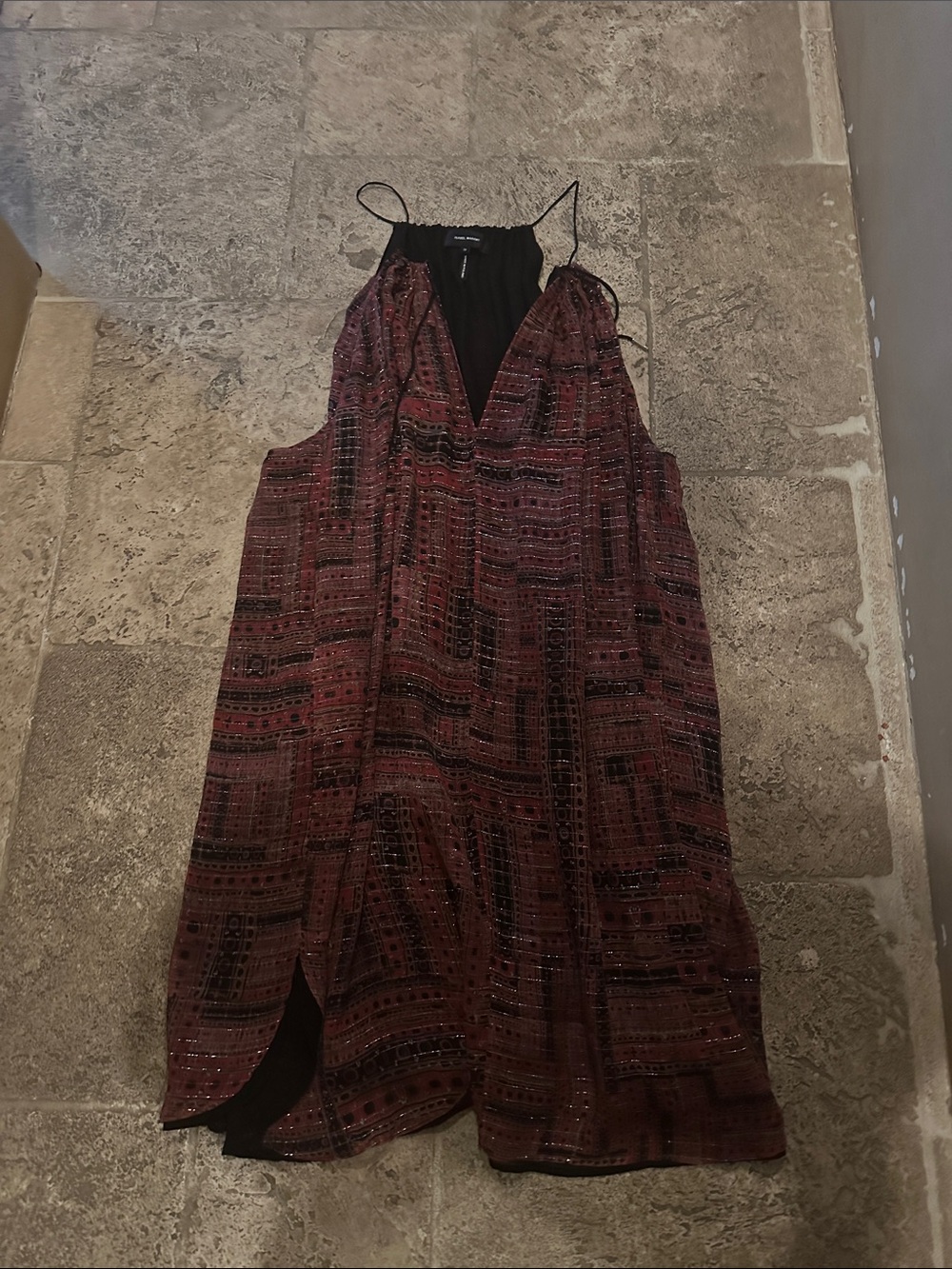 Isabel Marant Burgundy Patterned Spaghetti-Strap Midi Dress